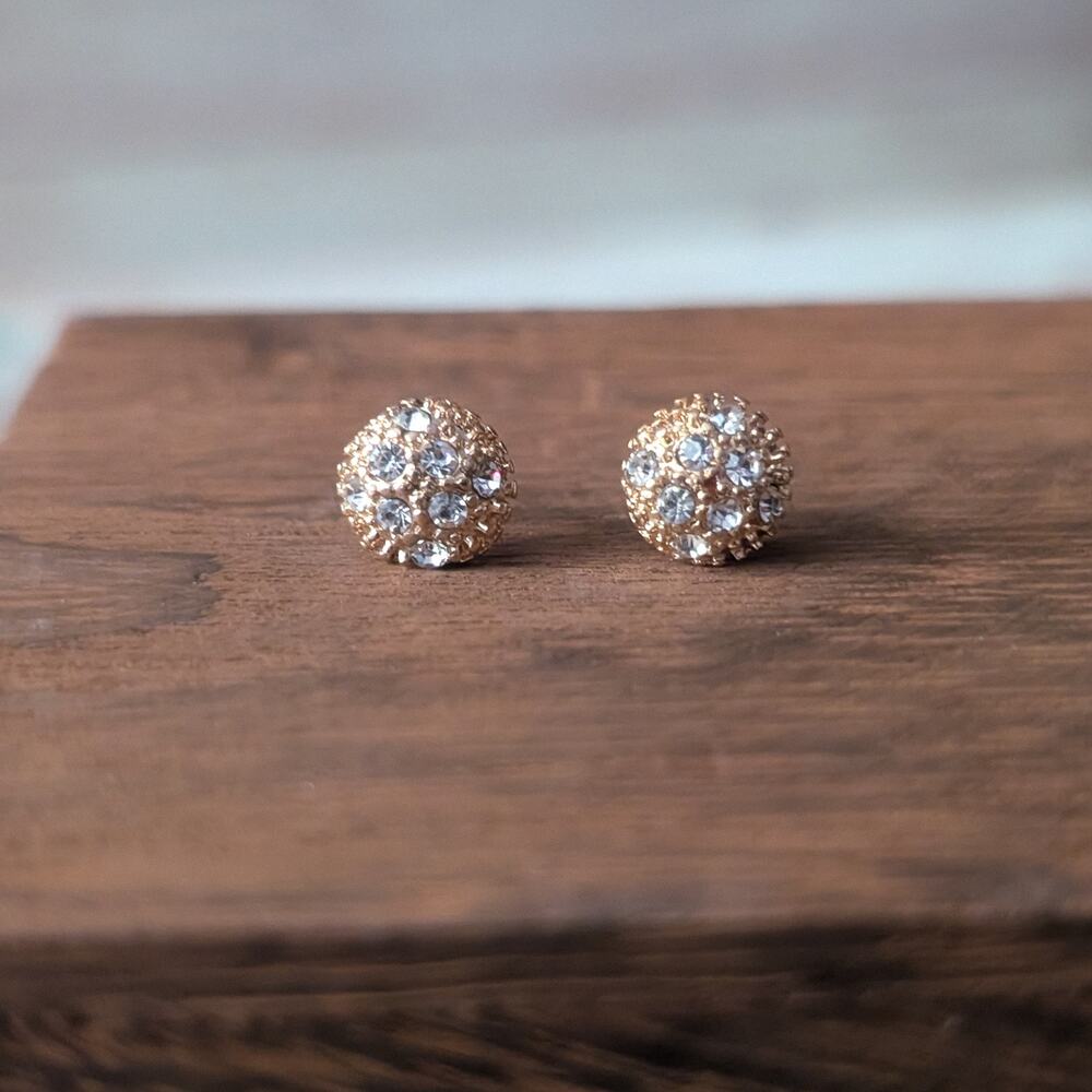 3/8" Small Gold Tone with Clear Gems Round Shape Stud Earrings